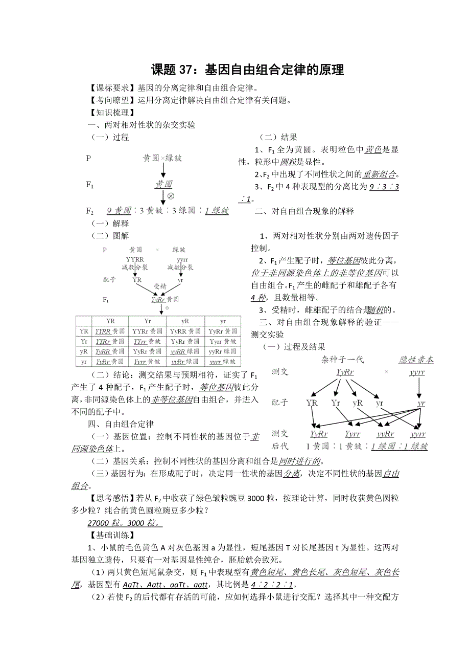 2012届高三生物中图版必修二同步讲练结合37：基因自由组合定律的原理.doc_第1页