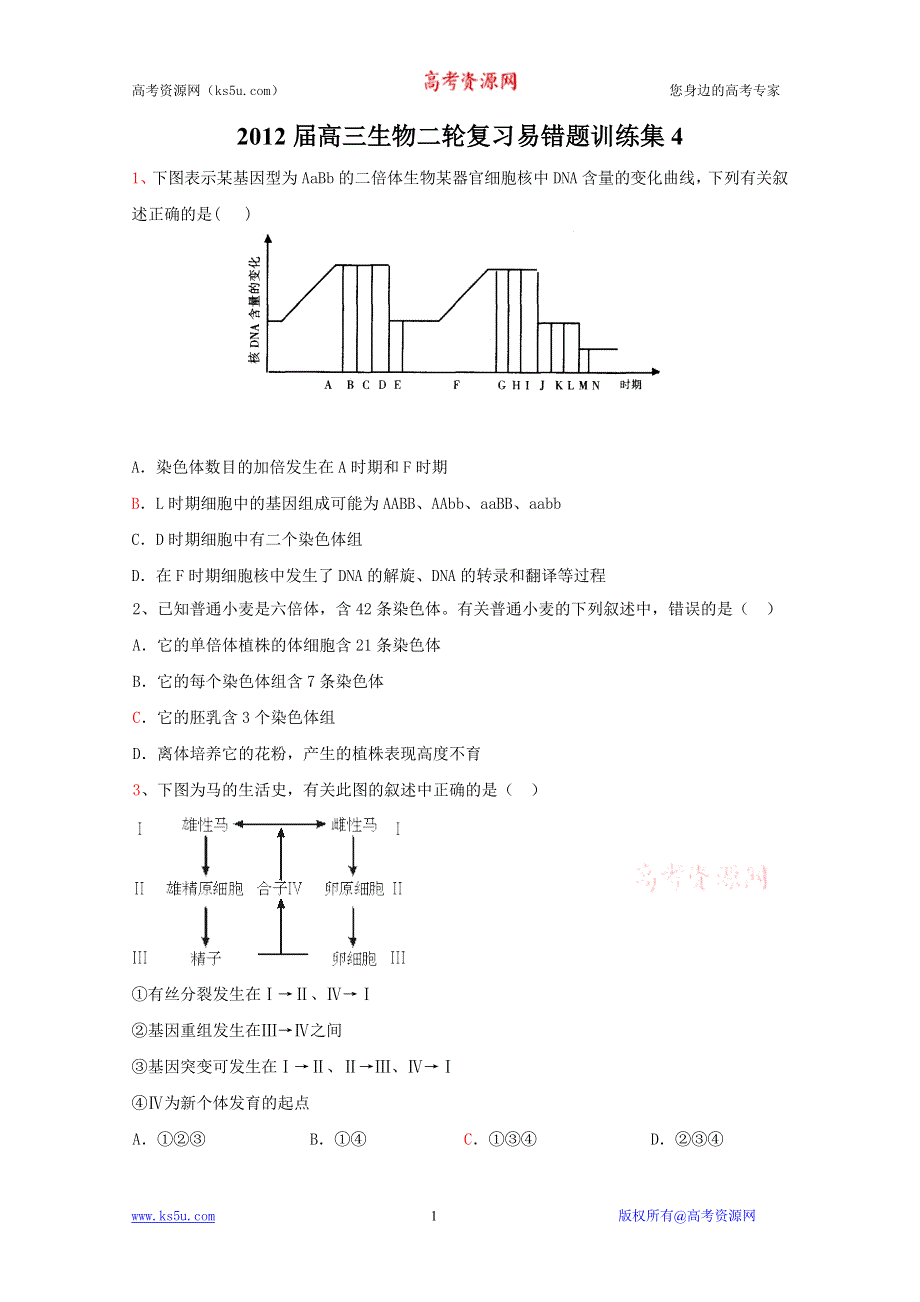 2012届高三生物二轮复习单项选择易错题训练集4.doc_第1页