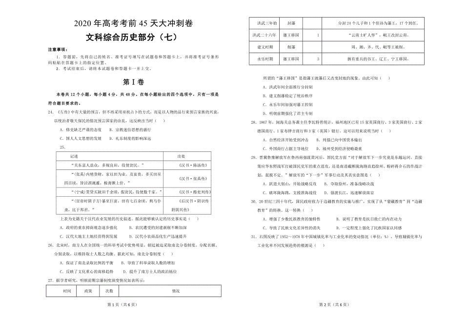 2020年高考考前45天大冲刺卷文综历史部分七 WORD版含解析.doc_第1页