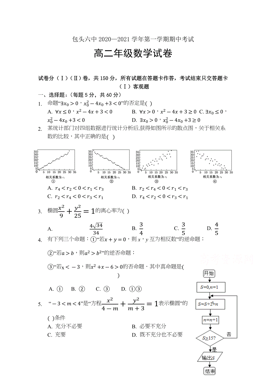 内蒙古包头市第六中学2020-2021学年高二上学期期中考试数学试卷 WORD版含答案.docx_第1页