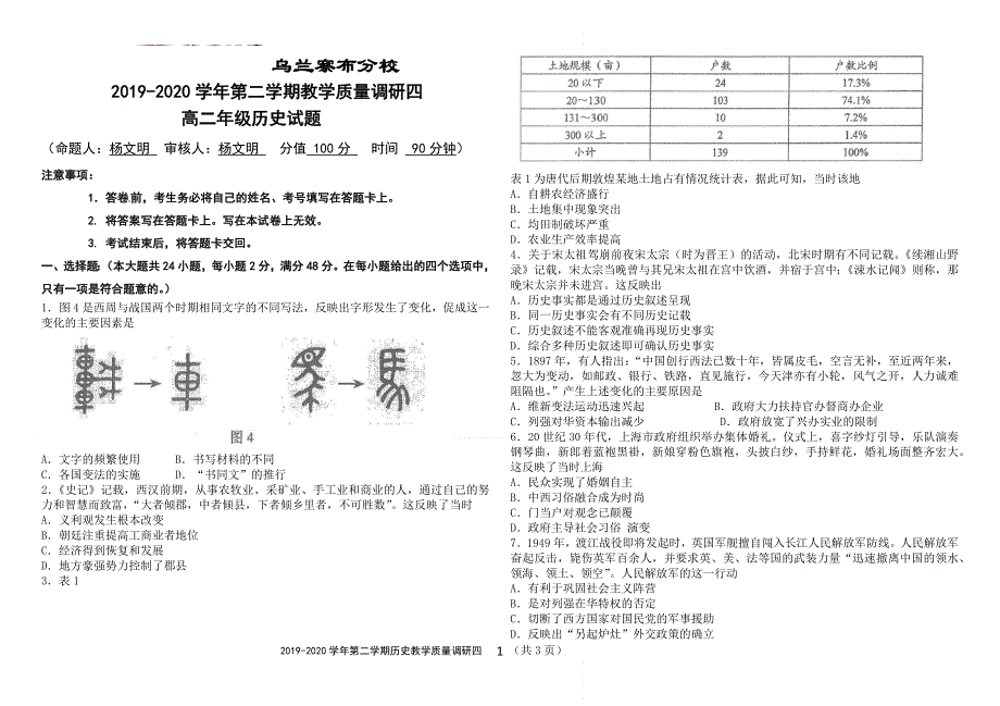 内蒙古北京八中乌兰察布分校2019-2020学年高二下学期期末考试历史试题 WORD版含答案.docx_第1页