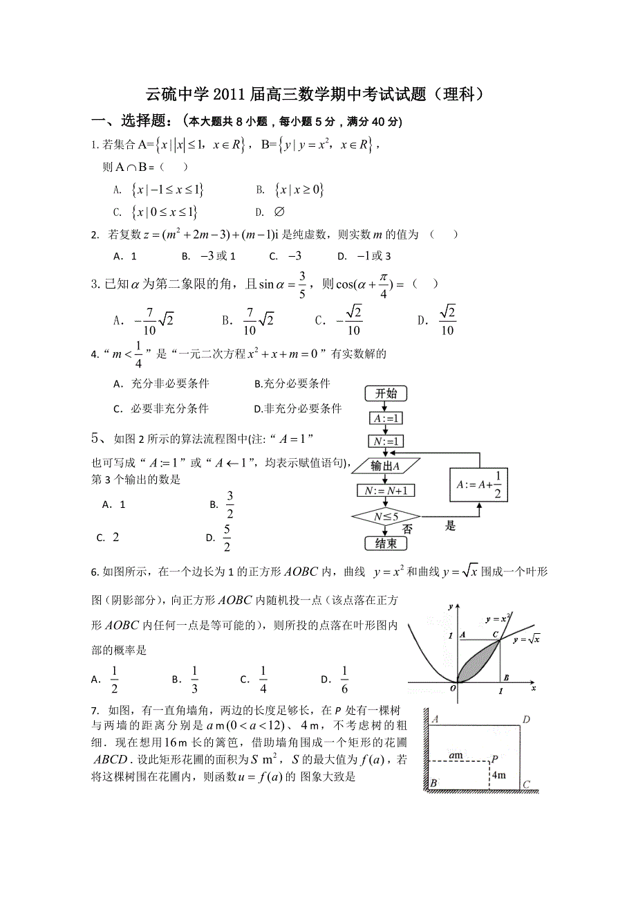 广东省云浮市云硫中学2011届高三上学期期中考试（理数）.doc_第1页