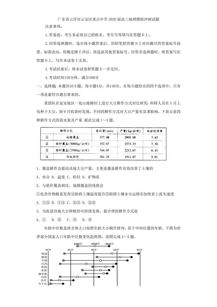 广东省云浮市云安区重点中学2020届高三地理模拟冲刺试题 WORD版含答案.doc_第1页