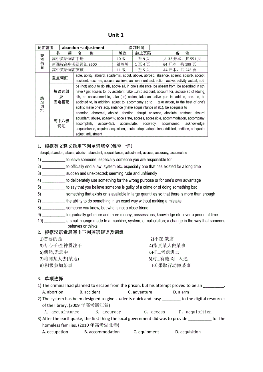 2012届高三英语一轮词汇突破专练：UNIT 1.doc_第1页