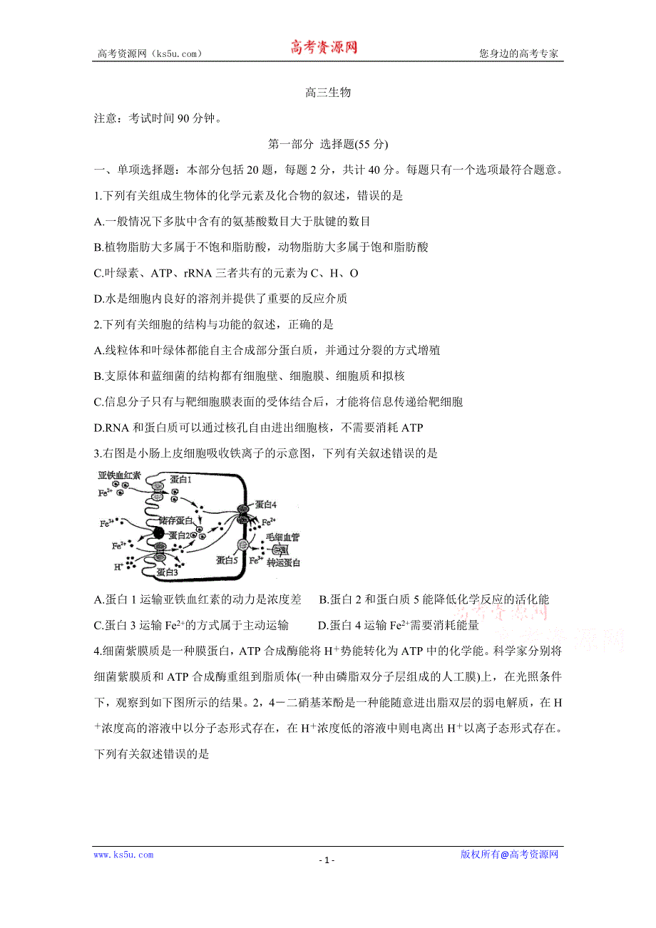 《发布》江苏省苏州市相城区2021届高三上学期阶段性诊断测试 生物 WORD版含答案BYCHUN.doc_第1页