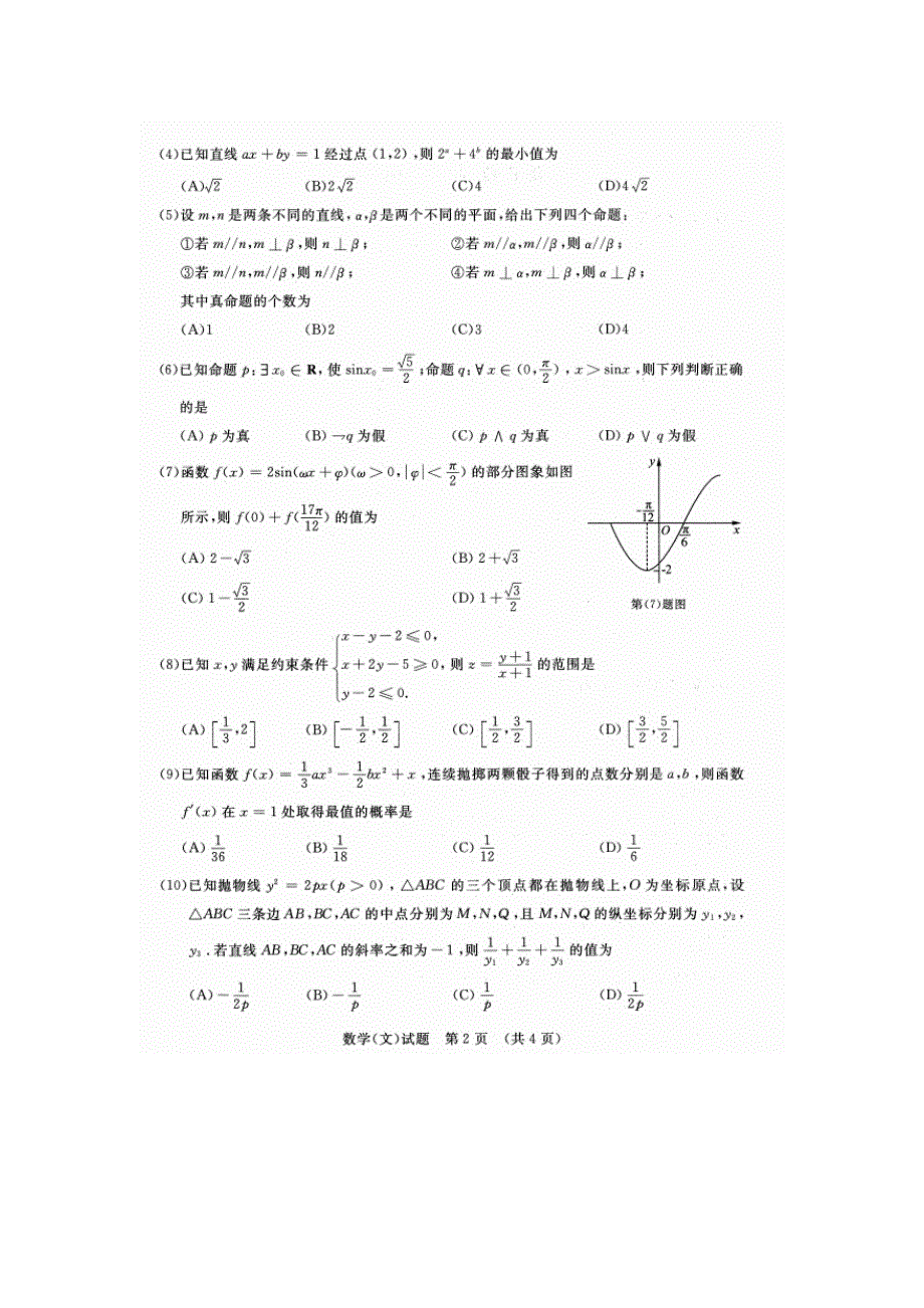 山东省山东师范大学2016届高三下学期高考模拟数学（文）试题 扫描版含答案.doc_第2页