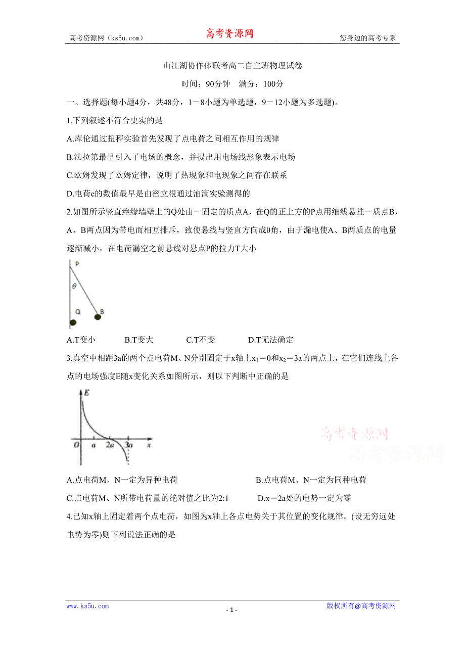 《发布》江西省上饶市“山江湖”协作体2019-2020学年高二上学期第一次联考试题 物理（自主班） WORD版含答案BYCHUN.doc_第1页