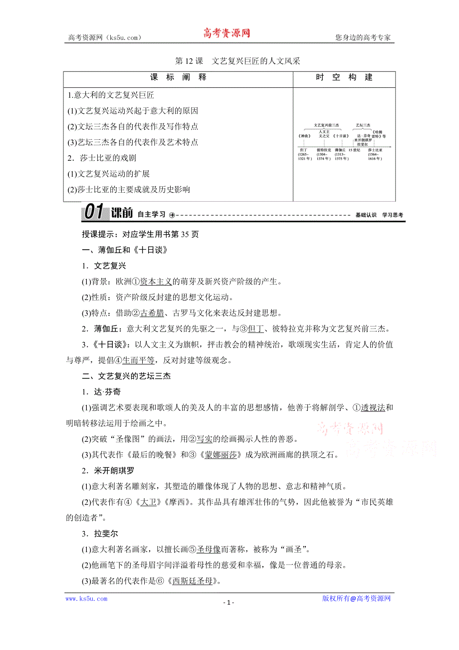 2020-2021学年岳麓版历史必修3学案：第12课　文艺复兴巨匠的人文风采 WORD版含解析.doc_第1页