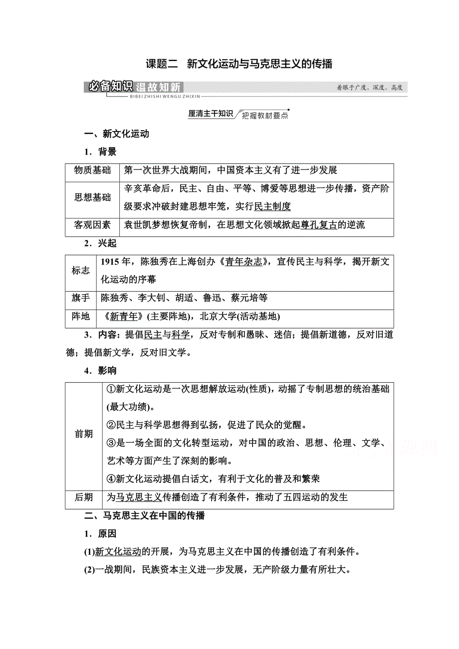 2022届新高考人教版历史一轮复习学案：模块3 第13单元 第26讲 课题2　新文化运动与马克思主义的传播 WORD版含解析.doc_第1页