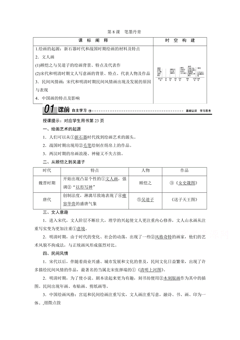 2020-2021学年岳麓版历史必修3学案：第8课　笔墨丹青 WORD版含解析.doc_第1页