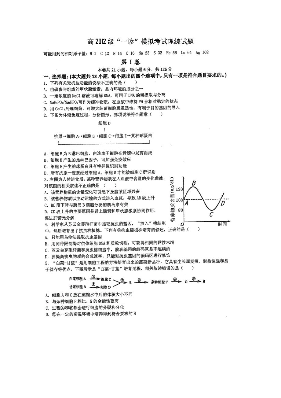 四川省某名校2012届高三一诊模拟考试（理综）扫描版.doc_第1页