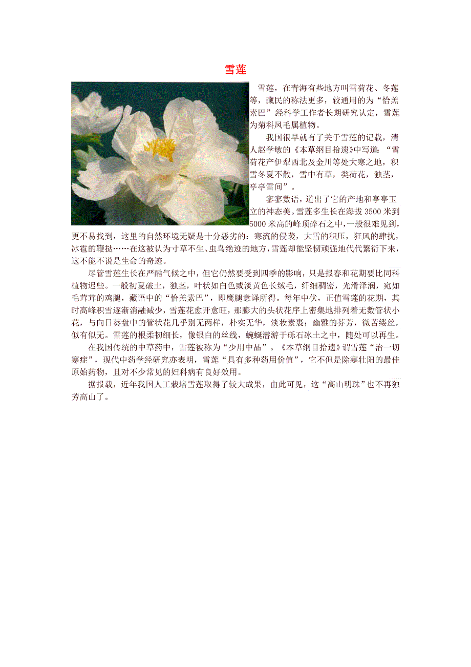 初中语文 文学讨论（美文荐读）雪莲.doc_第1页