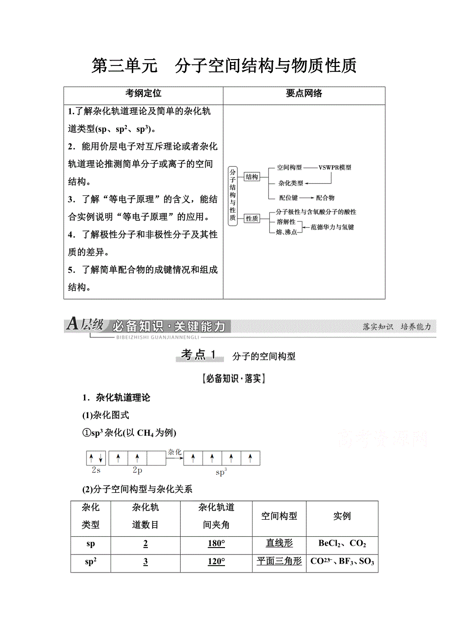 2021届高考化学（江苏专用）一轮教师用书：专题12 第3单元　分子空间结构与物质性质 WORD版含解析.doc_第1页