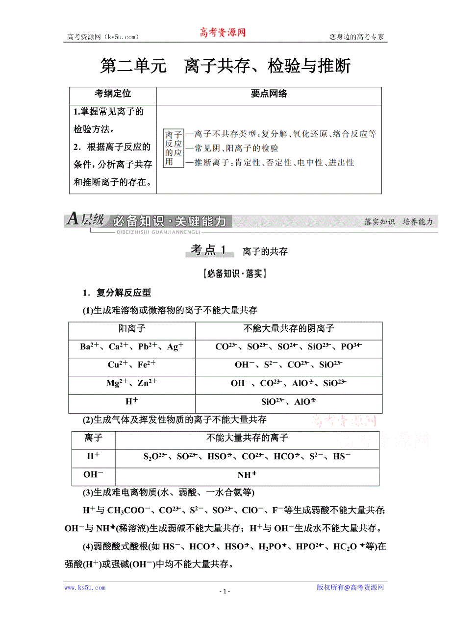 2021届高考化学（江苏专用）一轮教师用书：专题2 第2单元　离子共存、检验与推断 WORD版含解析.doc_第1页