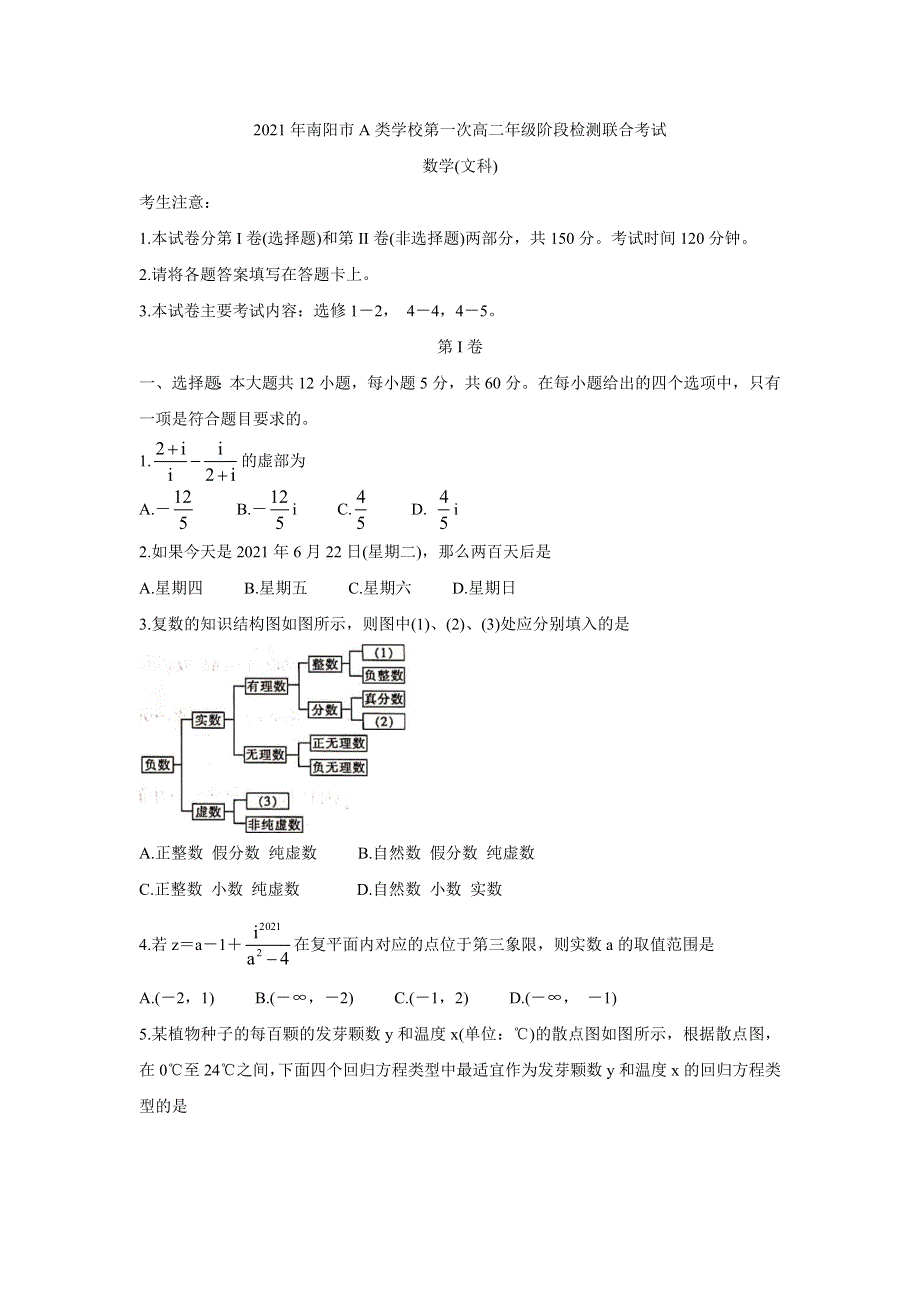 《发布》河南省南阳市2021年春期高二下学期A类重点高中六校联考 数学（文） WORD版含答案BYCHUN.doc_第1页