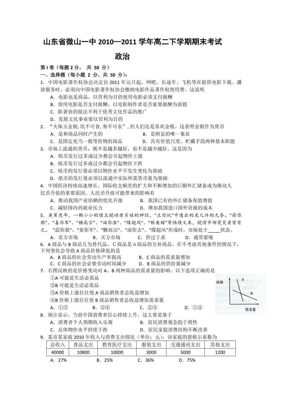 山东省微山一中10-11学年高二下学期期末考试（政治）.doc_第1页