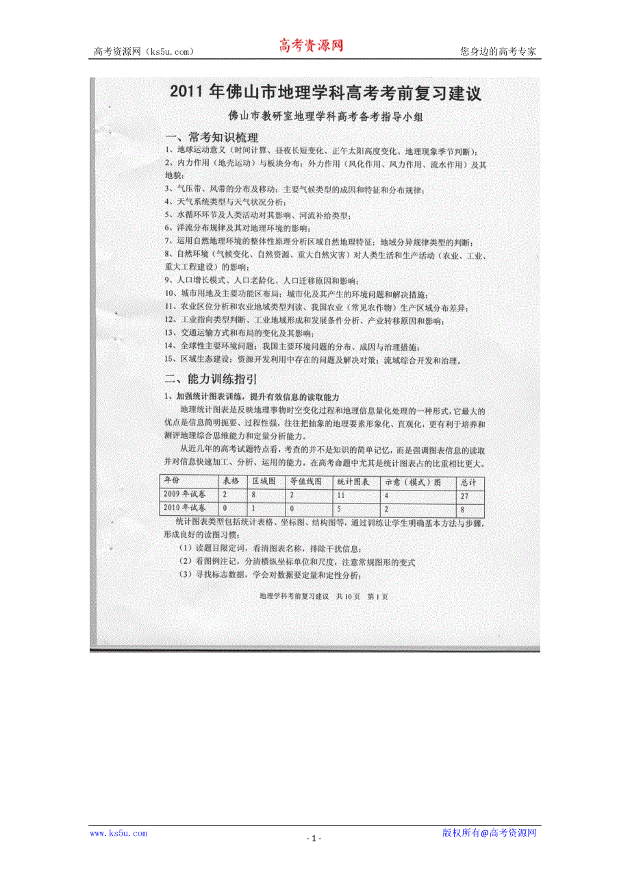 广东省佛山市2011届高三高考考前复习建议（地理）扫描版.doc_第1页