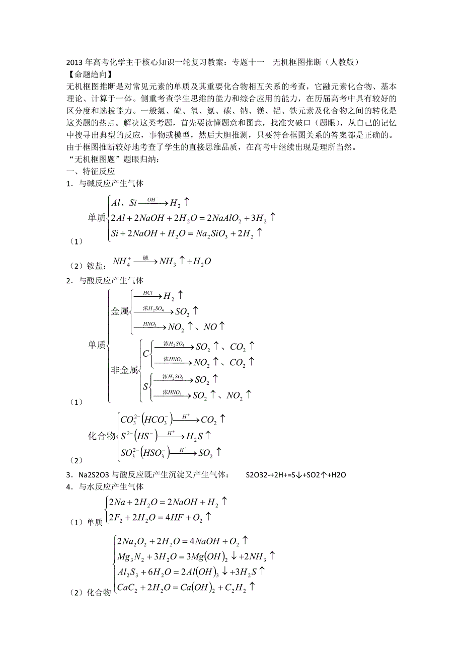 2013年高考化学主干核心知识一轮复习教案：专题十一无机框图推断（人教版）.doc_第1页