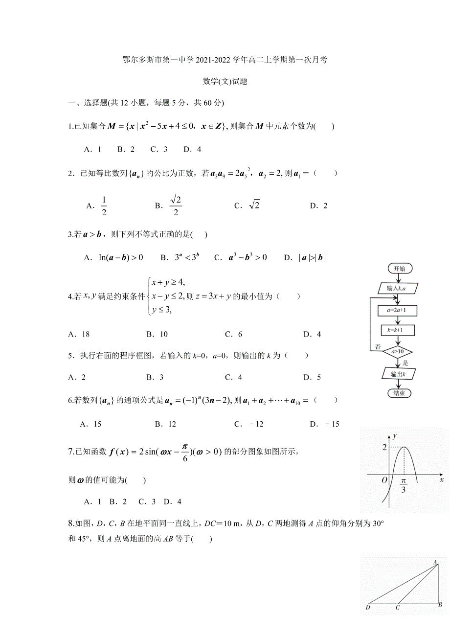 内蒙古鄂尔多斯市第一中学2021-2022学年高二上学期第一次月考数学（文）试题 WORD版含答案.docx_第1页