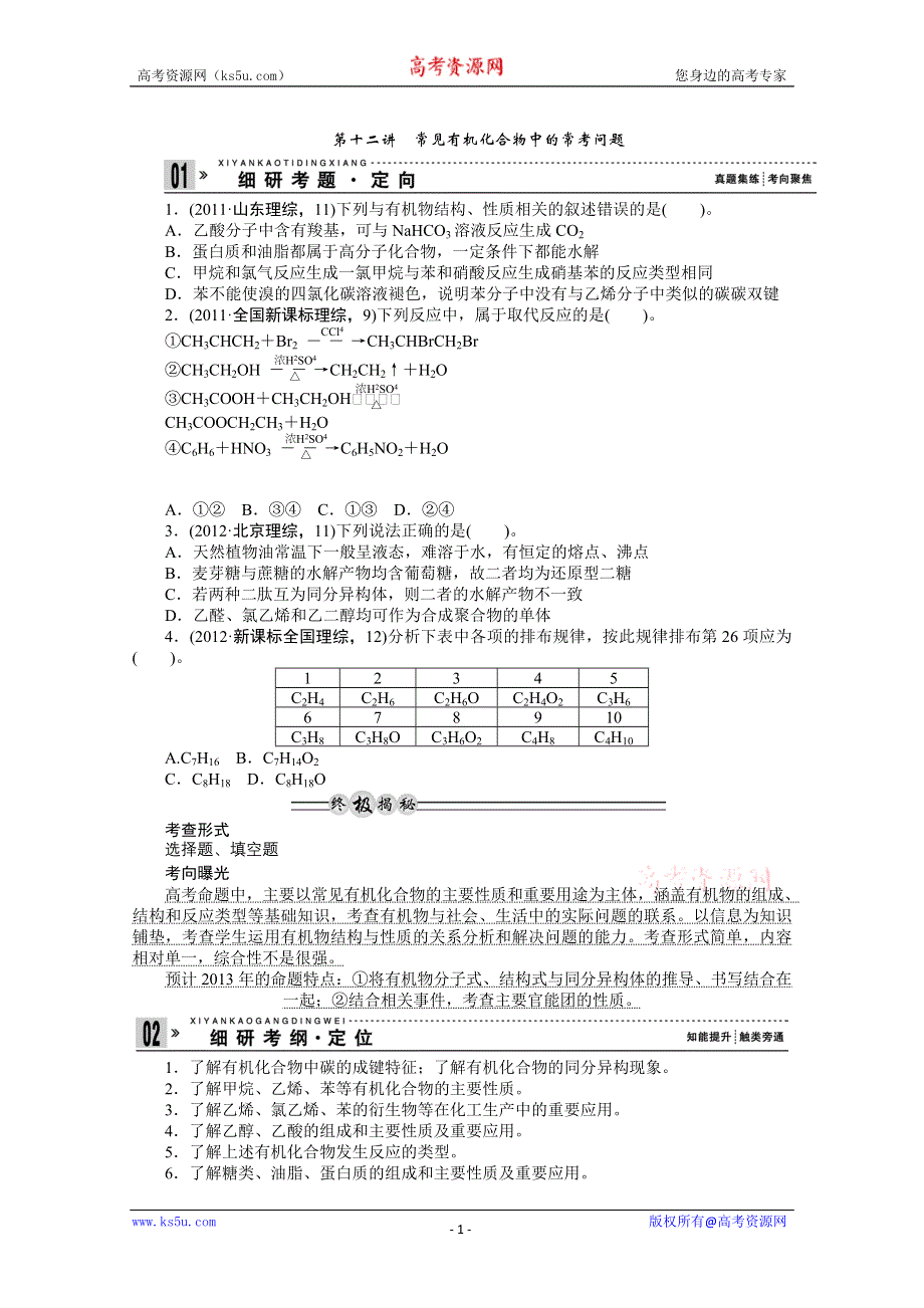 2013年高考化学复习之常见问题剖析专题：第12讲常见有机化合物中的常考问题.doc_第1页