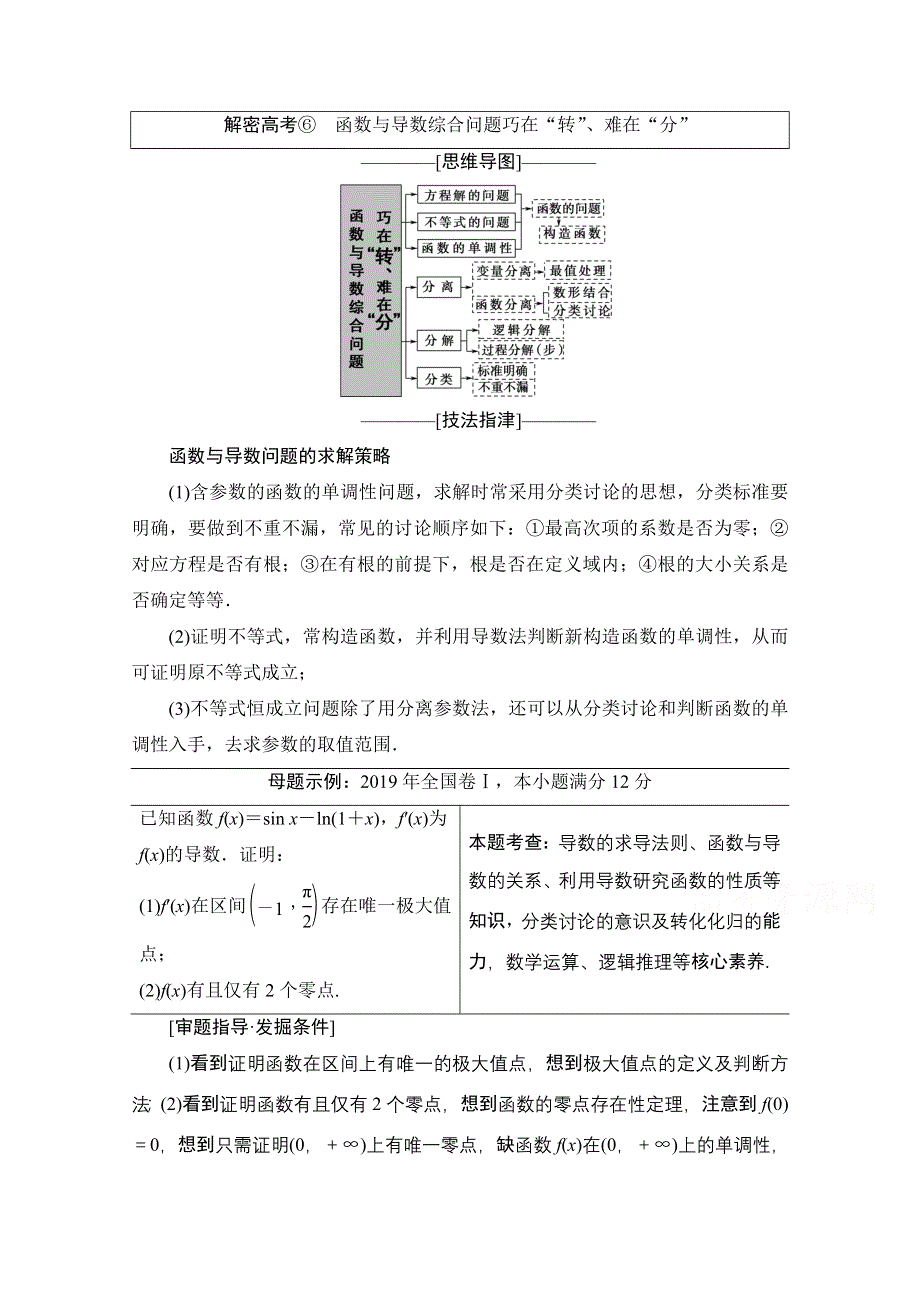 2020数学（理）二轮教师用书：第2部分 专题6 解密高考⑥　函数与导数综合问题巧在“转”、难在“分” WORD版含解析.doc_第1页