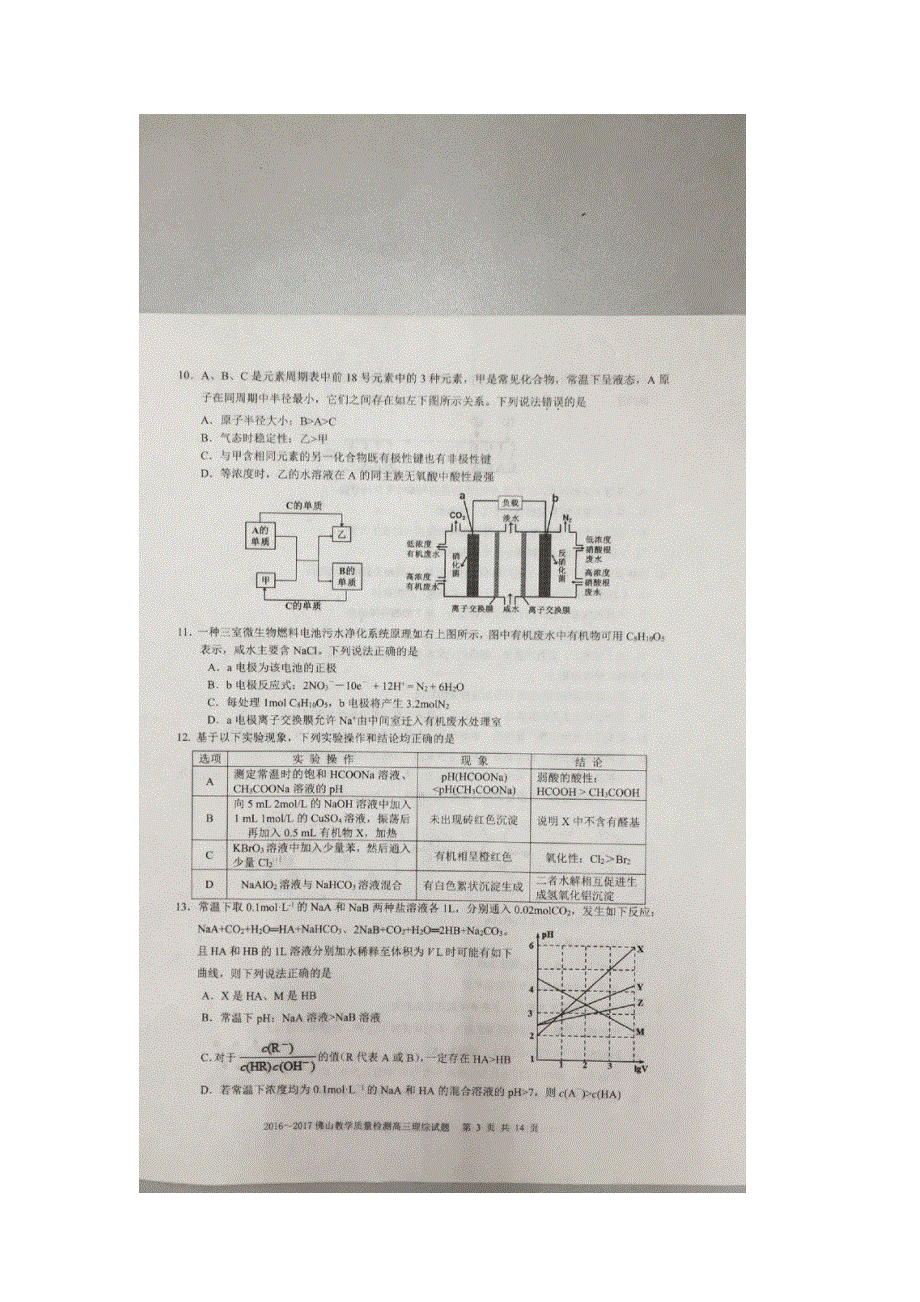 广东省佛山市2017届高三教学质量检测（一）理科综合试题 扫描版含答案.doc_第3页