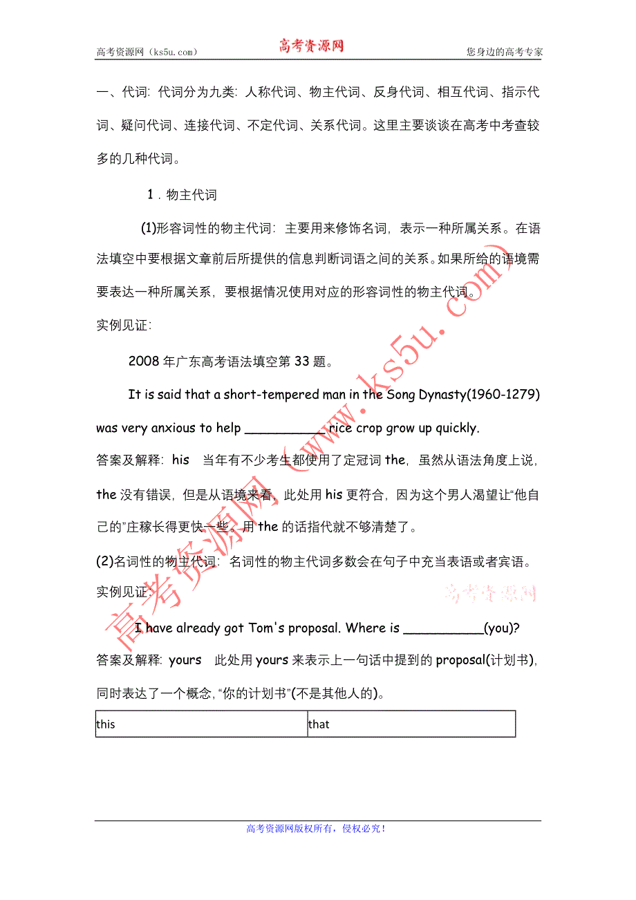 2012届高中英语新课标2轮总复习（广东专版）学案：专题2 第5课时代词和冠词知识考查.doc_第3页