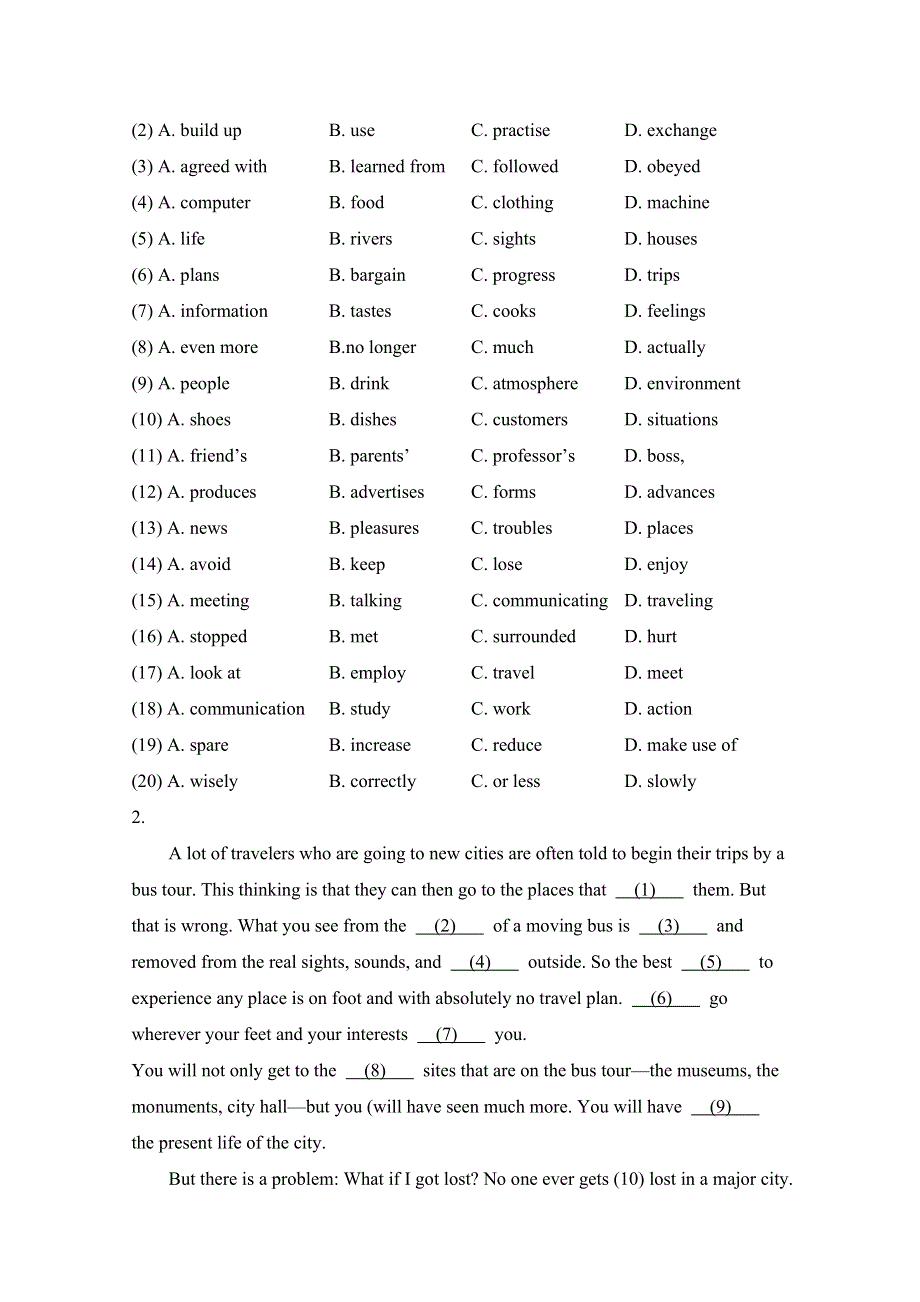 人教版高中英语必修一 UNIT3_完形填空（旅行篇） 题型专项突破 WORD版含答案.doc_第2页