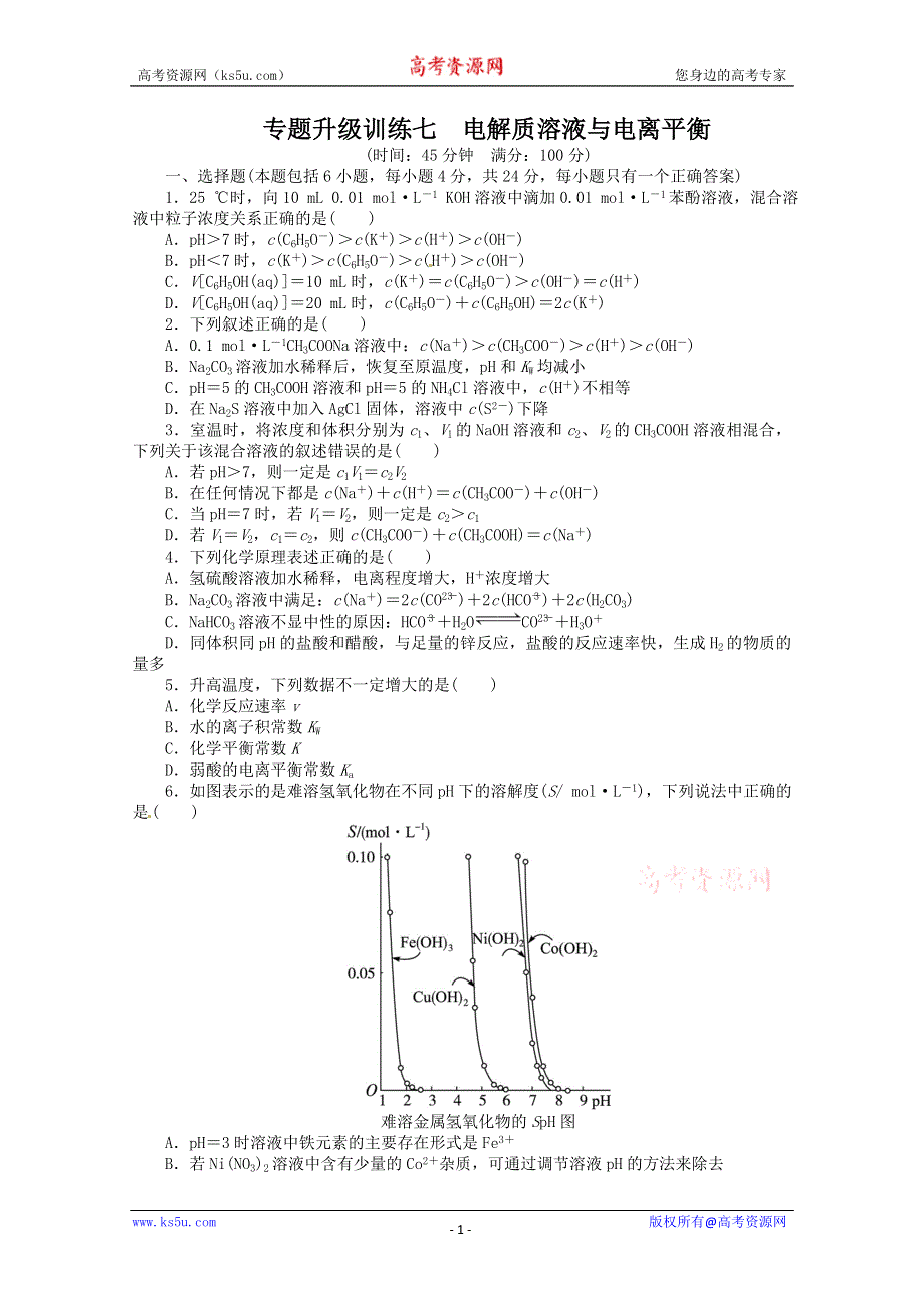 2013年高考化学第二轮复习专题升级训练：电解质溶液与电离平衡 WORD版含答案.doc_第1页