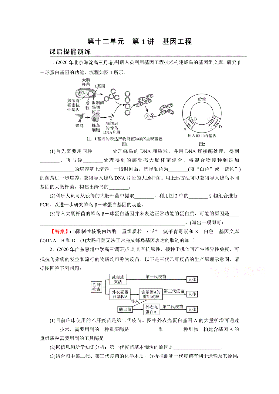 2022届新高考生物人教版一轮复习课后练习：第12单元 第1讲 基因工程 WORD版含解析.doc_第1页