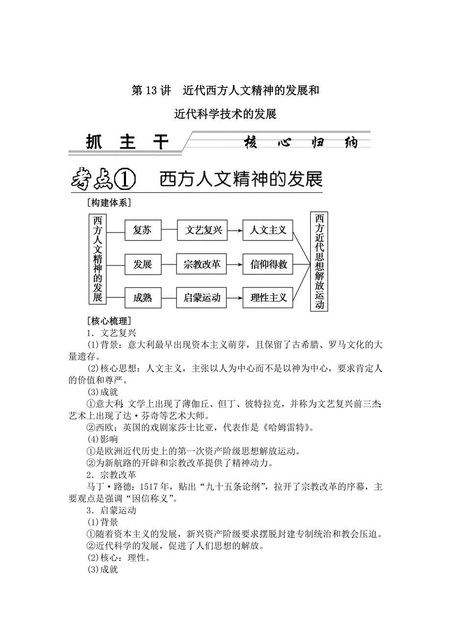 2013年高考历史三轮突破练习（核心梳理 思维点拨） 第13讲《近代西方人文精神的发展和近代科学》.doc_第1页