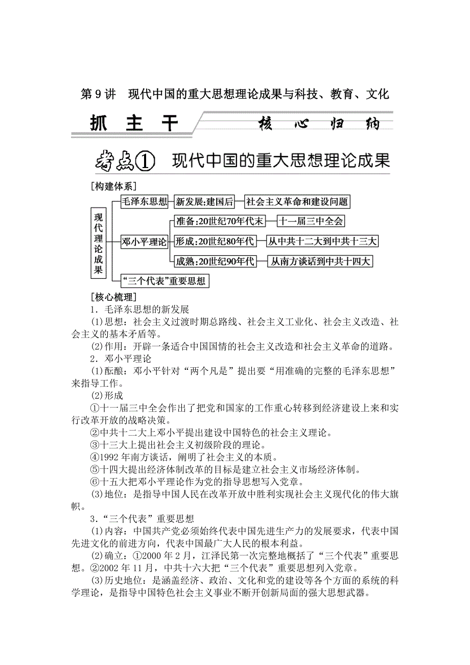 2013年高考历史三轮突破练习（核心梳理 思维点拨） 第09讲《现代中国的重大思想理论成果与科技、教育、文化》.doc_第1页