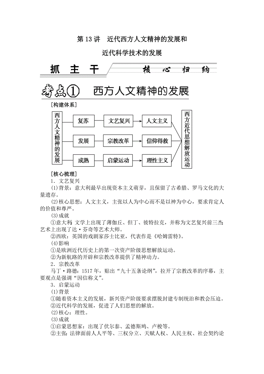 2013年高考历史二轮专题复习讲义 第13讲　近代西方人文精神的发展和近代科学.doc_第1页