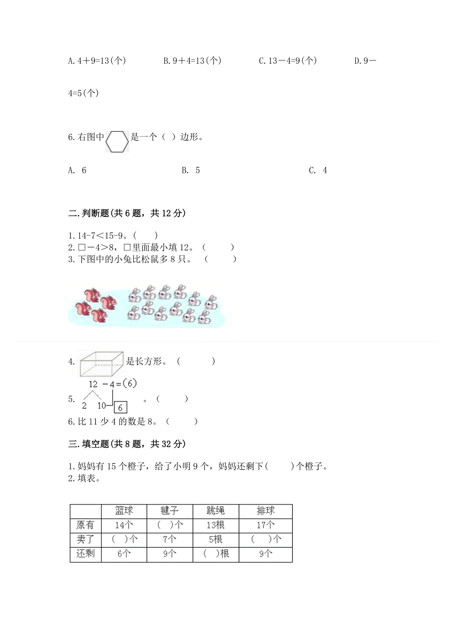 人教版小学一年级下册数学期中测试卷附参考答案【突破训练】.docx_第2页