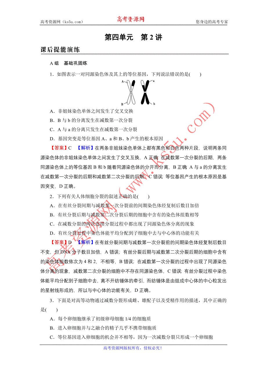 2022届新高考生物人教版一轮复习课后练习：第4单元 第2讲 减数分裂和受精作用 WORD版含解析.DOC_第1页