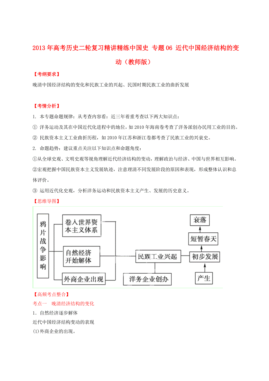 2013年高考历史二轮复习 精讲精练中国史（含解析） 专题06 近代中国经济结构的变动（教师版） WORD版含答案.doc_第1页