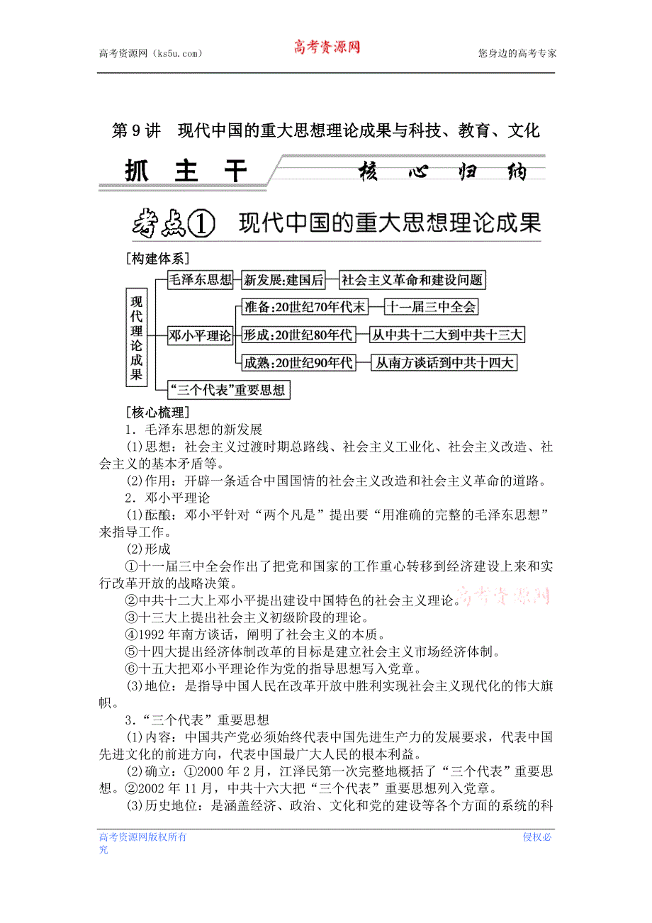 2013年高考历史三轮突破练习（核心梳理+思维点拨） 第09讲《现代中国的重大思想理论成果与科技、教育、文化》.doc_第1页