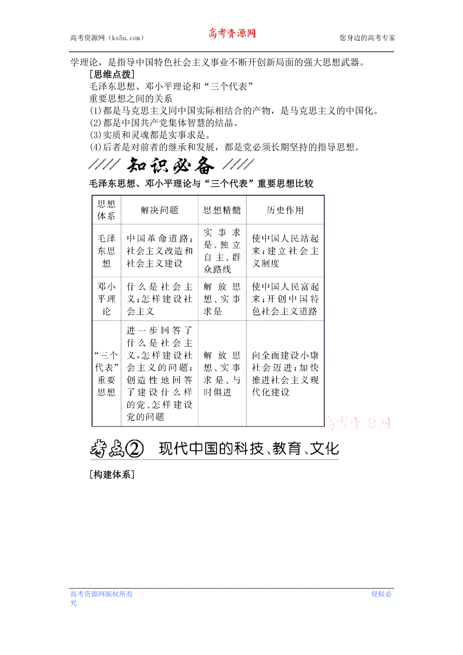 2013年高考历史三轮突破练习（核心梳理+思维点拨） 第09讲《现代中国的重大思想理论成果与科技、教育、文化》.doc_第2页