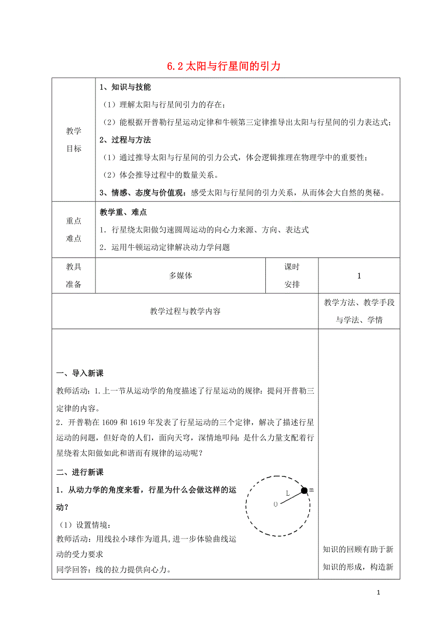 广东省揭阳市高中物理第六章万有引力与航天6.2太阳与行星间的引力教案新人教版必修2.doc_第1页