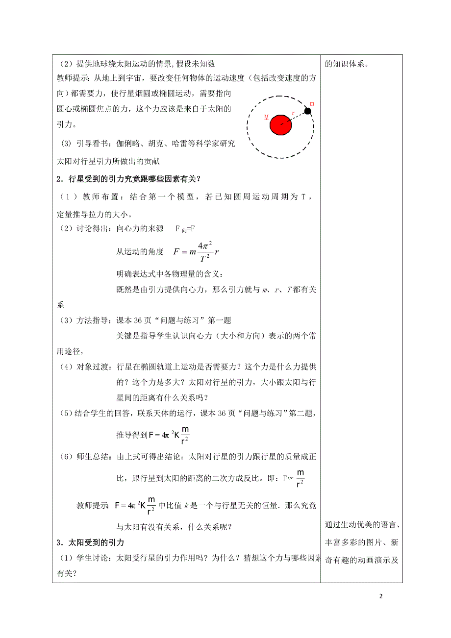 广东省揭阳市高中物理第六章万有引力与航天6.2太阳与行星间的引力教案新人教版必修2.doc_第2页