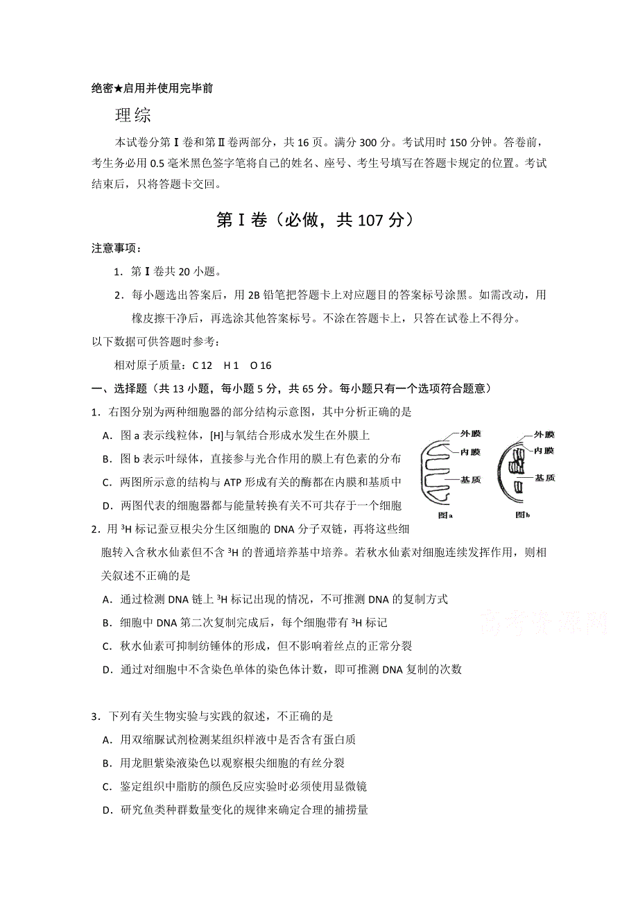 山东省文登市2015届高三第二次统考理科综合试题 WORD版含答案.doc_第1页