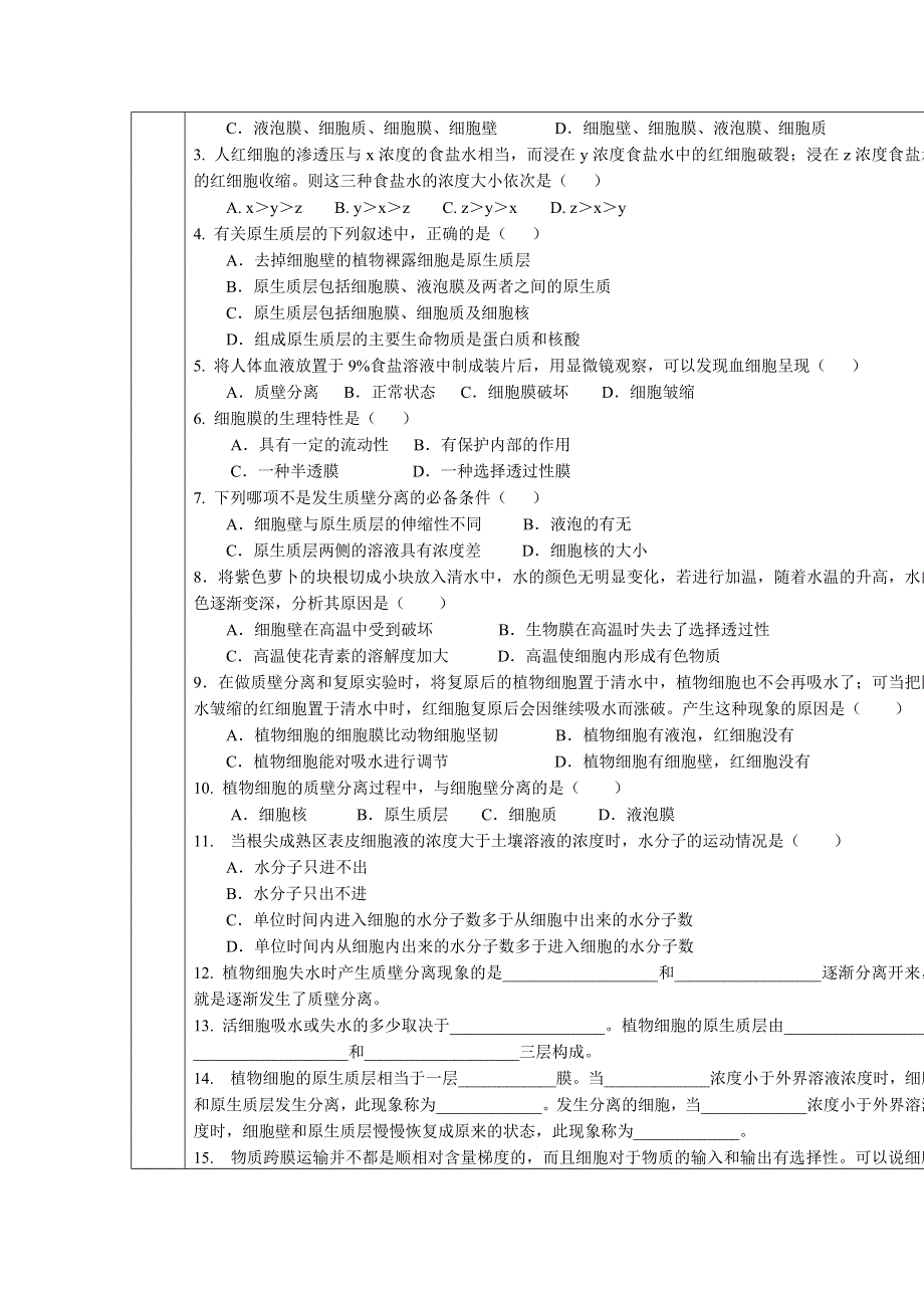 山东省文登市教育教学研究培训中心2014年高考生物一轮复习学案：（必修一）第四章 细胞的物质输入和输出（含高考各章节知识点梳理配答案）.doc_第2页