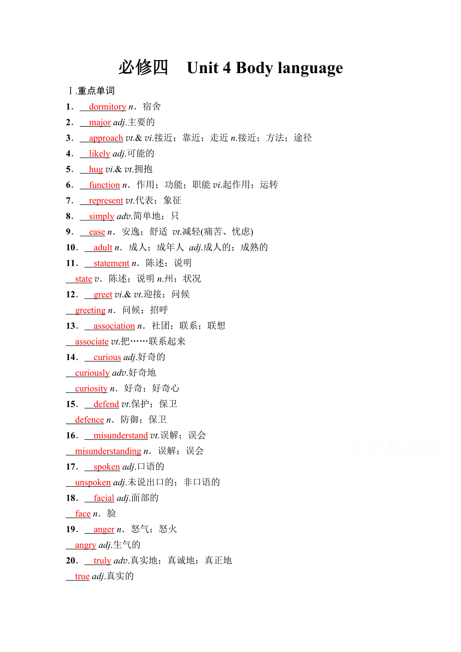 2022届新高考英语人教版一轮学案：第一部分 必修四　UNIT 4 BODY LANGUAGE WORD版含解析.doc_第1页