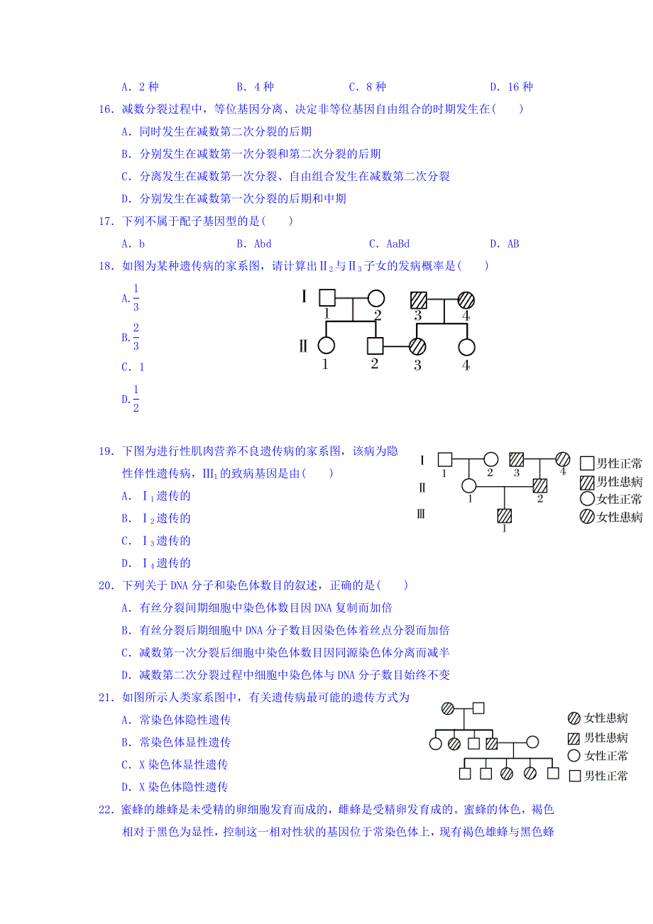 山东省平邑县曾子学校高中生物必修二学案：第二章 基因和染色体的关系 补偿练习（学案15） WORD版缺答案.doc_第3页