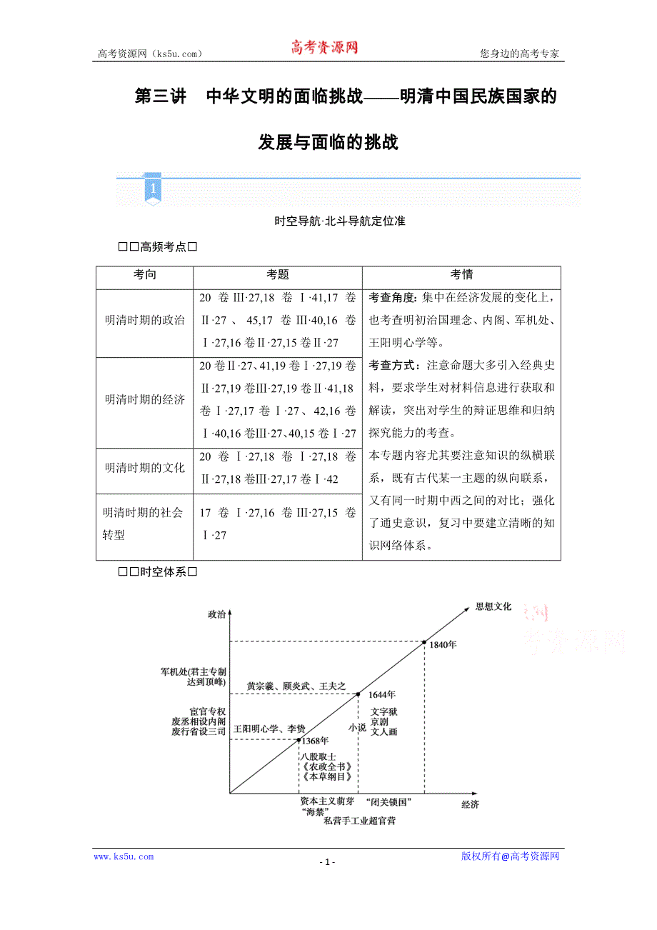 2021届高考历史二轮复习通史版 第三讲　中华文明的面临挑战——明清中国民族国家的发展与面临的挑战 学案 WORD版含解析.doc_第1页