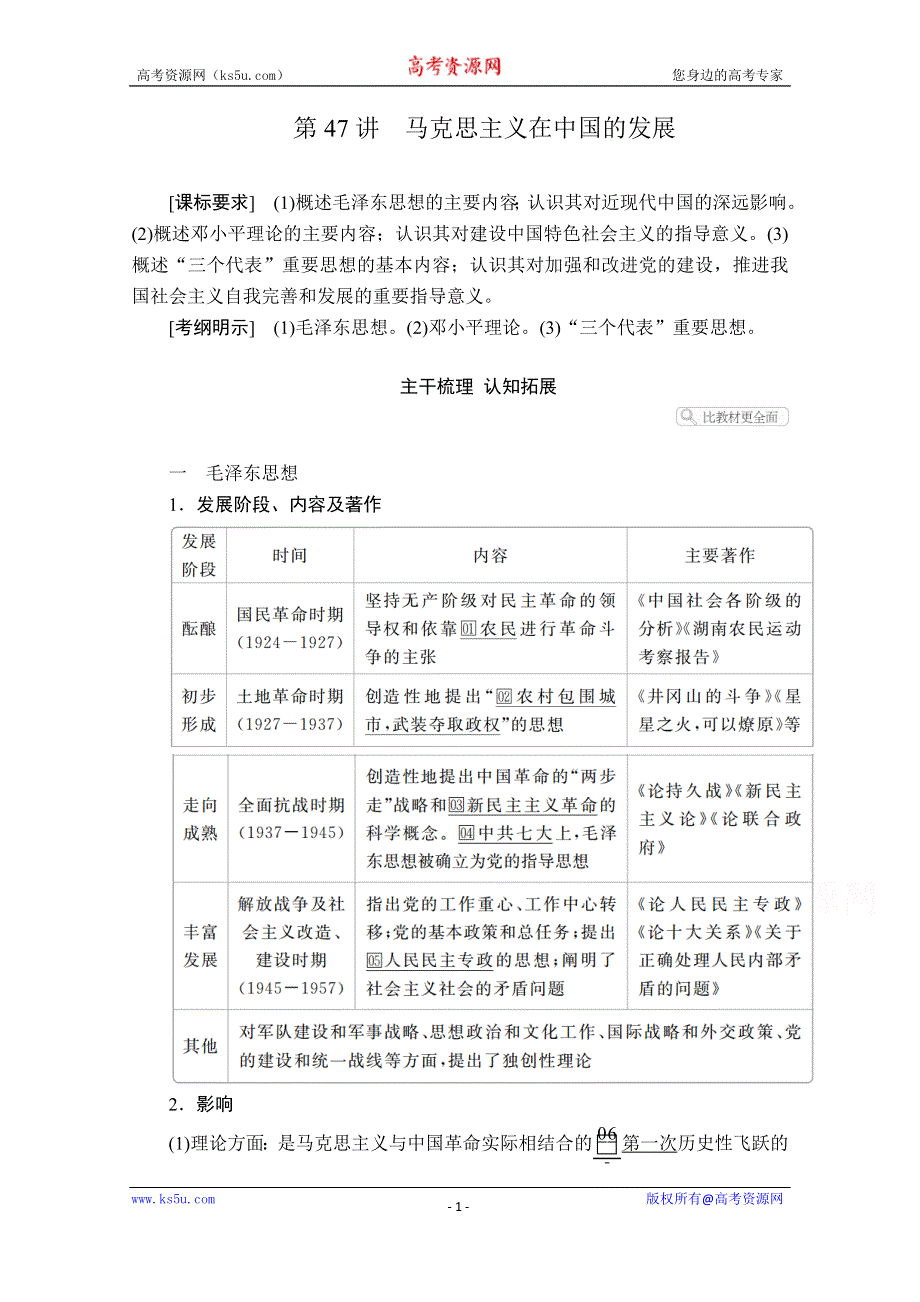 2021届高考历史人教版一轮创新学案与作业：第十三单元 第47讲 马克思主义在中国的发展 WORD版含解析.doc_第1页