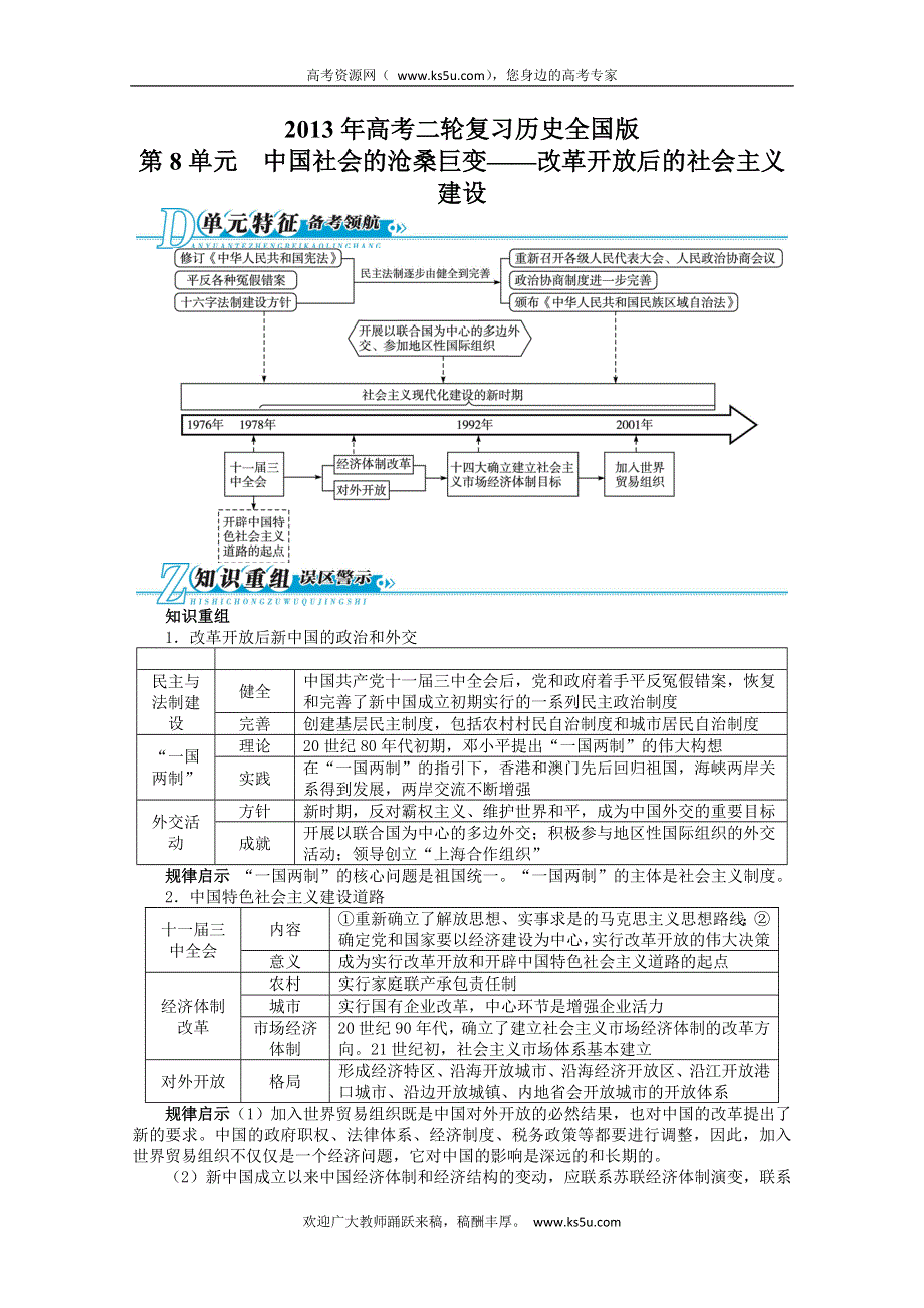 2013年高考二轮复习（知识重组+考向分析）历史全国版 第8单元 中国社会的沧桑巨变——改革开放后的社会主义建设.doc_第1页