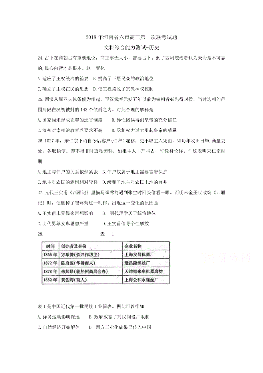 《发布》河南省六市2018届高三下学期第一次联考试题（3月） 文科综合-历史 WORD版含答案BYFEN.doc_第1页