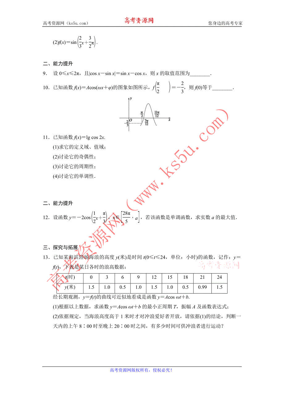 《全优学案》2015-2016学年高一数学人教B版必修4同步训练：1.3.2 余弦函数、正切函数的图象与性质（一） WORD版含解析.doc_第2页