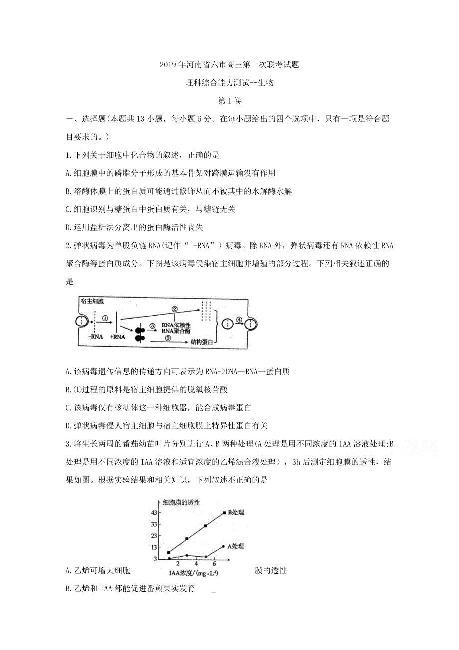 《发布》河南省六市2019届高三第一次联考试题 理综生物 WORD版含答案BYFENG.doc_第1页